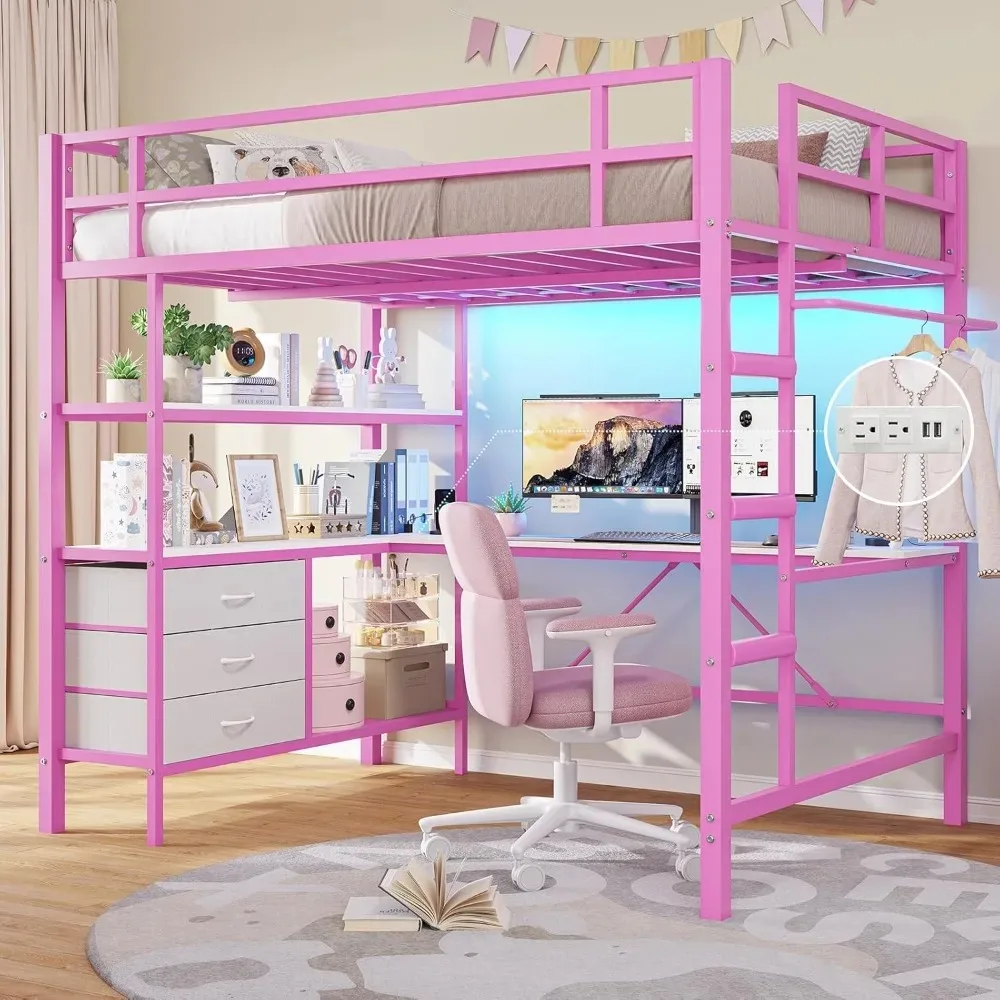 

Full Size Metal Loft Bed Frame with L-Shaped Desk, LED Light and Charging Station with 3 Storage Shelves and 3 Fabric Drawers