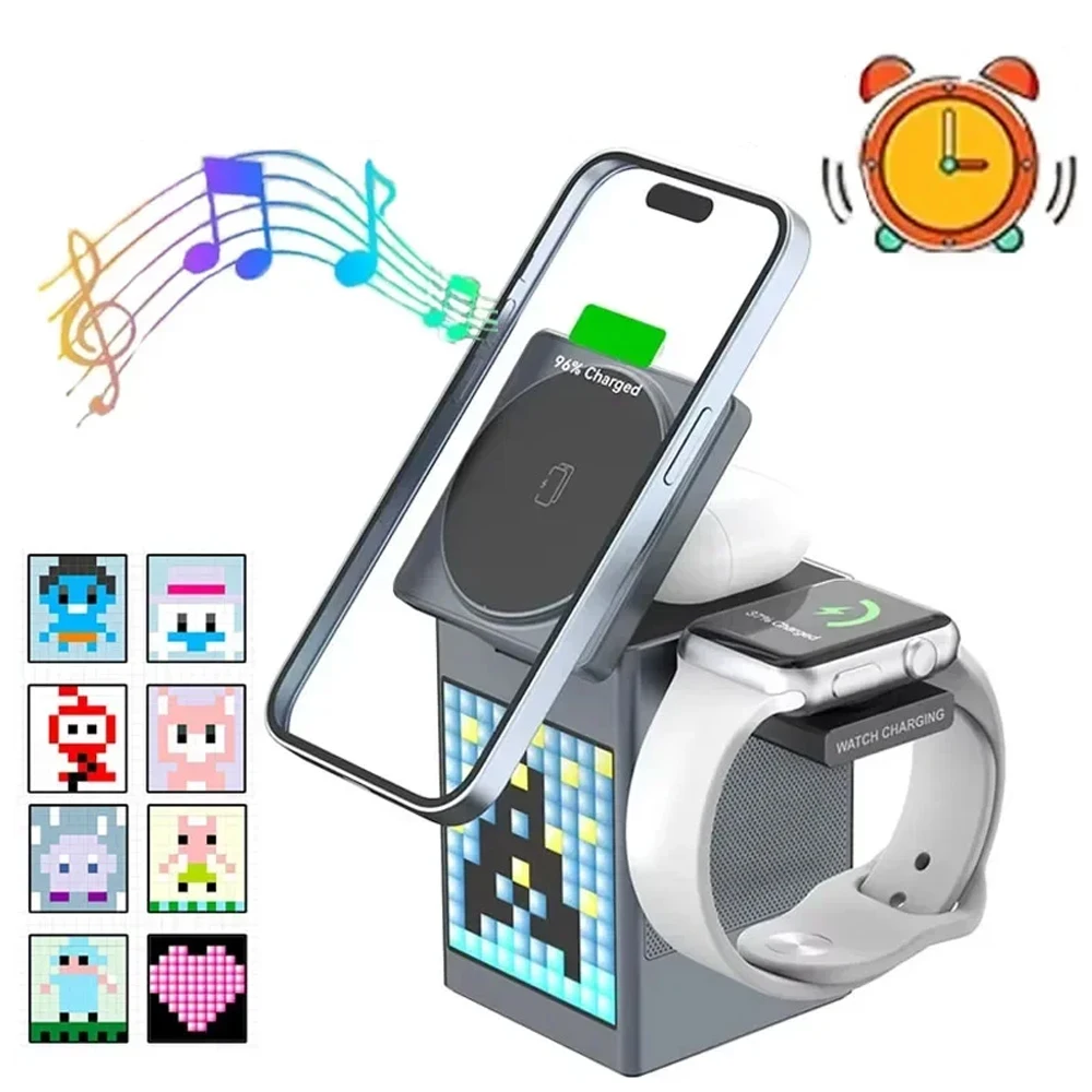 3-in-1-ワイヤレス充電器-bluetooth-スピーカー付き-ピクセルアニメーションディスプレイ-デジタル時計＆アラーム-magsafe-iphone-airpods-iwatch-用
