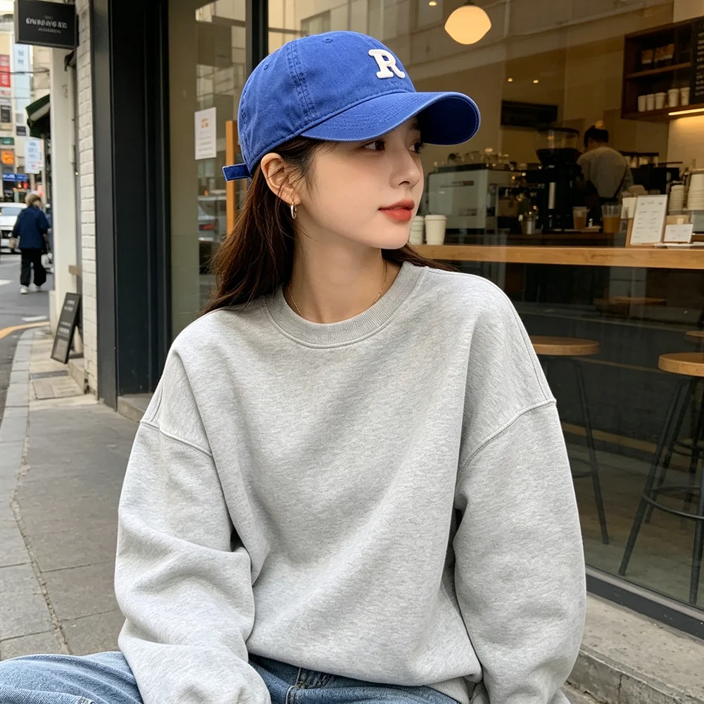 Fashion Baseball Cap Men Women Embroidered Letter R Washed Cotton Soft Top Sun Hat Retro Aesthetic College Style Travel Headwear