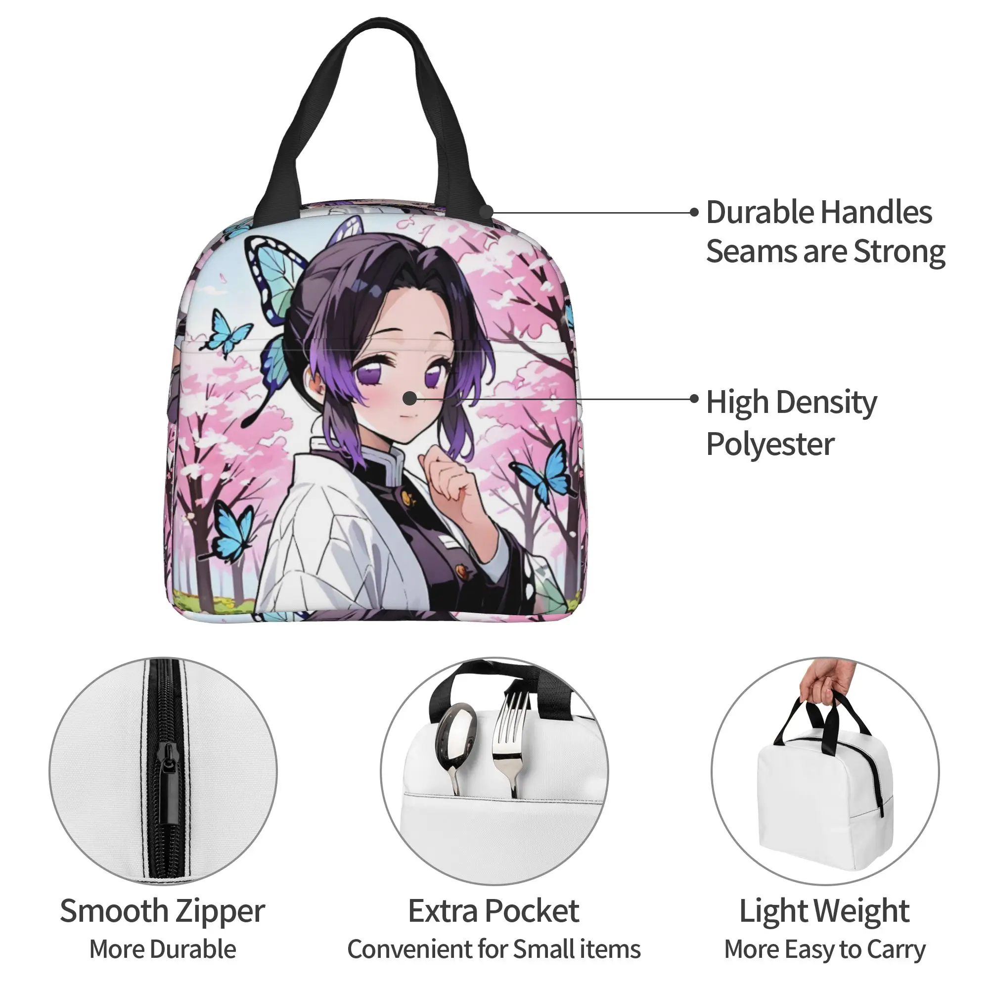 Custom Demon S-Slayer Butterfly Lunch Bag Men Women Shinobu Kochou Cooler Warm Insulated Lunch Boxes for Adult Office view 3