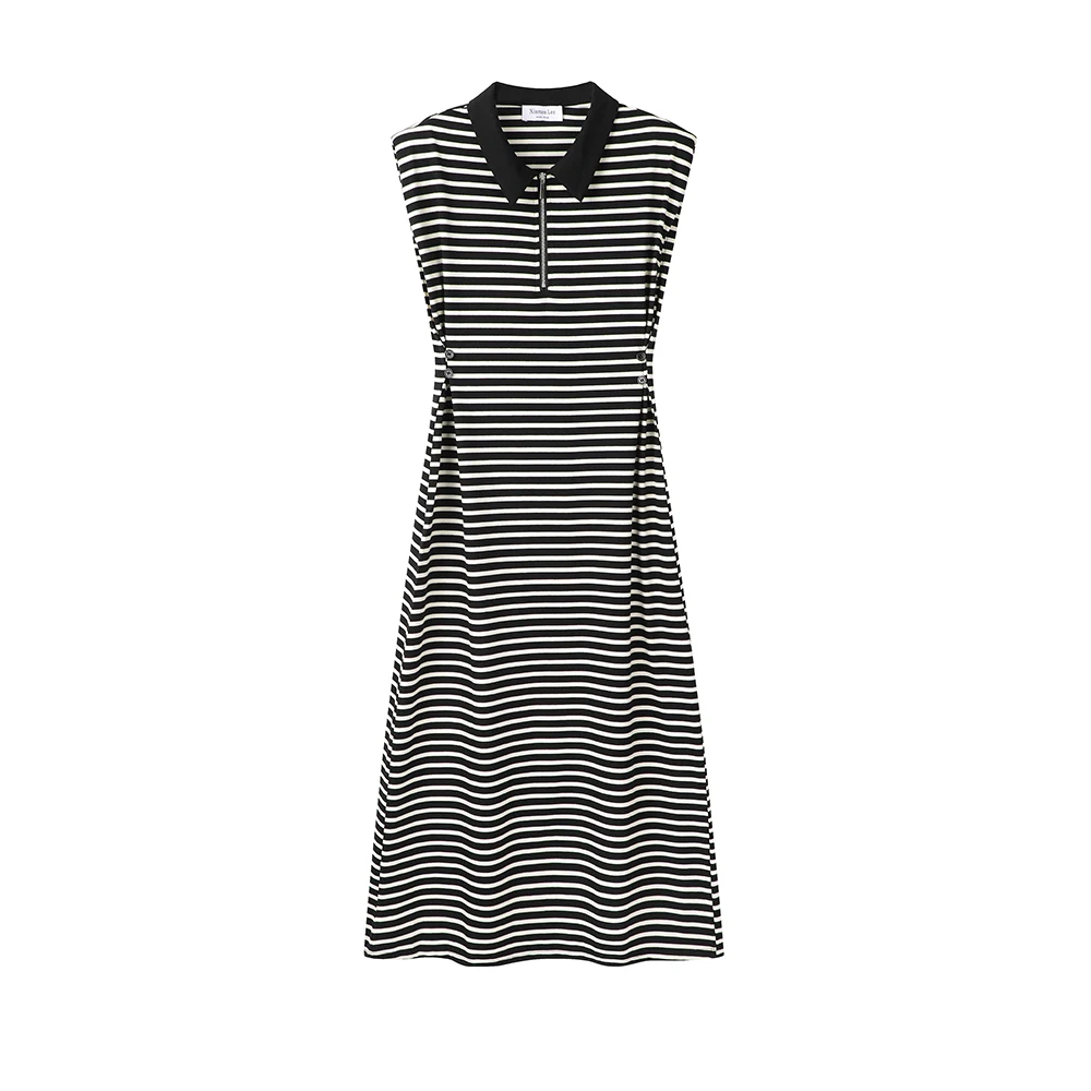 

Sweet Hot Girl Sleeveless Striped Dress for Women's Summer Polo-collar Slim Fit Casual A-line Long Dress Fashion Female Clothes