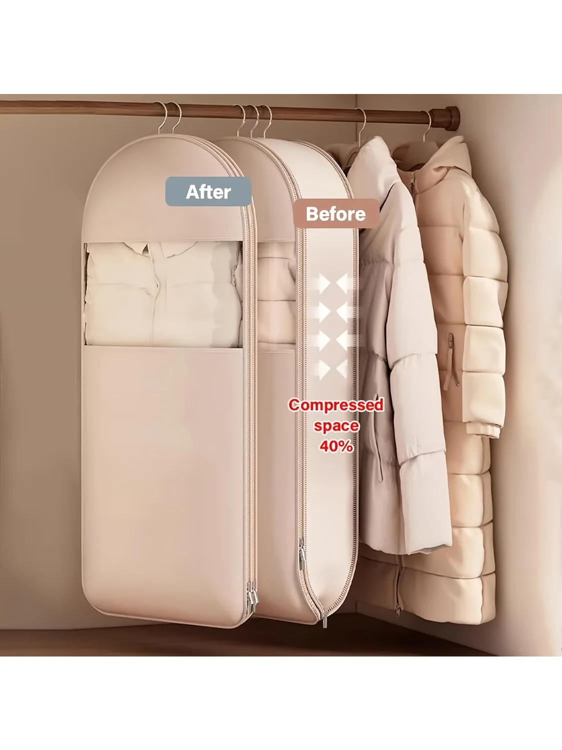 Beige compressie-ophangzak, 40% ruimtebesparende vacuümafdichting, doorzichtige opbergruimte met duurzame ritssluiting voor winterkleding - afbeelding 2