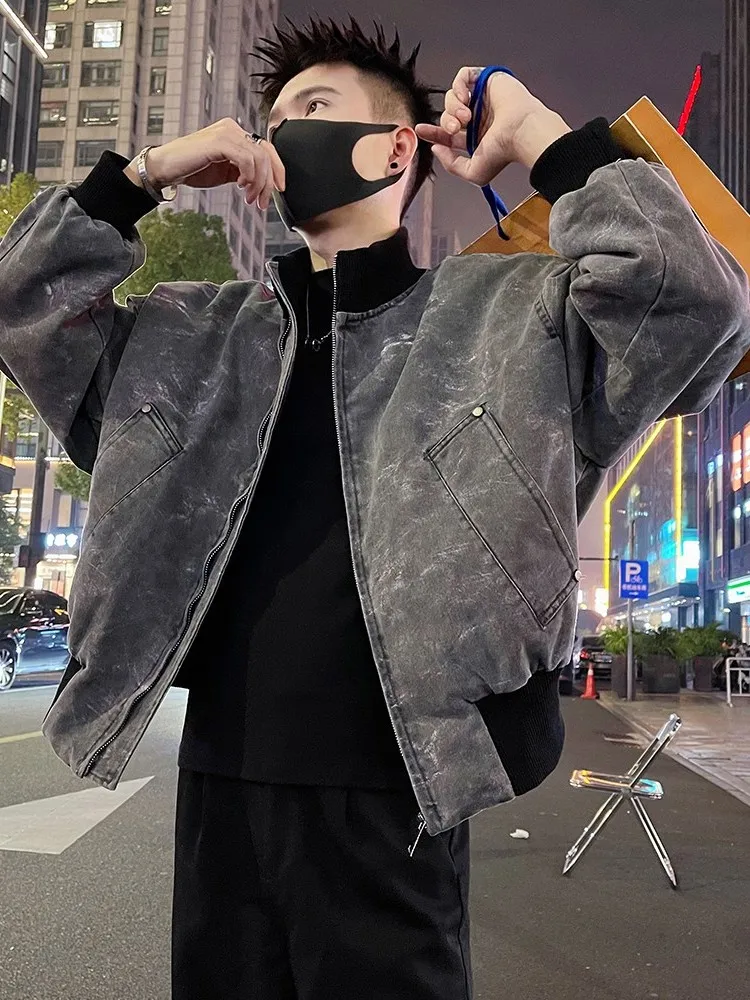 

Retro American Dyeing Cotton Jaet Men's ort Thi Warm Stand Collar Denim Outerwear Faionable Winter Youth Casual Coat