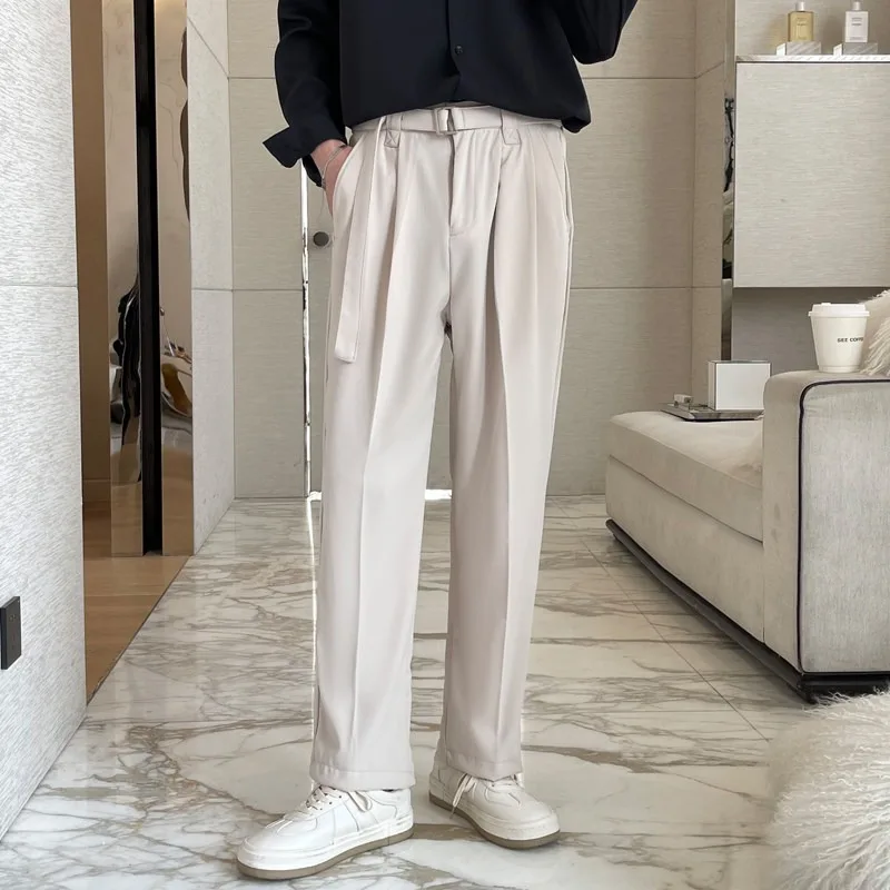 2026 autumn new black straight leg men's casual pants with a hanging feeling, versatile waistband pants, men's loose wide leg tr