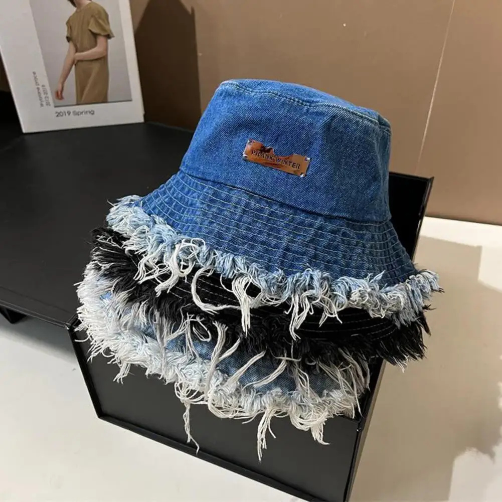 Women Bucket Hat Ripped Edge Distressed Denim Large Brim Lightweight Panama Girls Beach Travel Outdoor Fisherman Hat