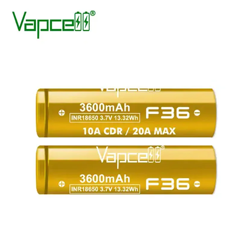 High quality Vapcell F36 INR 18650 Battery 3600mah Capacity CDR 10A Max 20A 3.7V  Rechargeable Li-ion battery For Flashlight