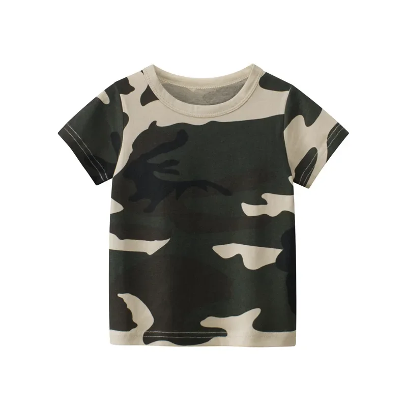 Korean Children\'s Clothing Summer 2024 Cotton Short Sleeve T-shirt for Boys Letter Camouflage Print O-Neck Baby Top Kids Clothes