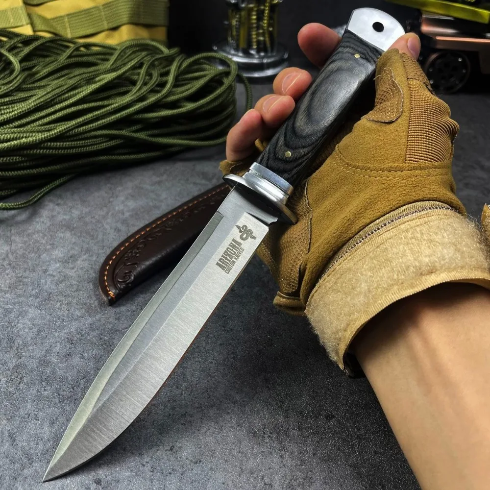 Fixed Blade Straight Knife Color Wood Handle with Embossed Leather Sheath EDC Outdoor Camping Cutting Utility Tool Field Knife