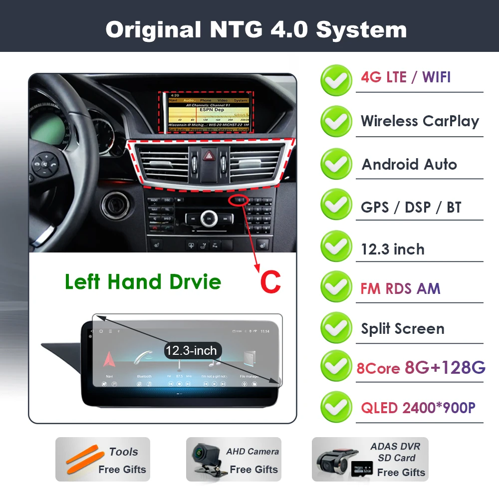 Draadloze Carplay voor Mercedes Benz E-Klasse W212 2009-2015 Android 16 autoradio video DSP stereo GPS QLED touchscreen 4G WiFi BT