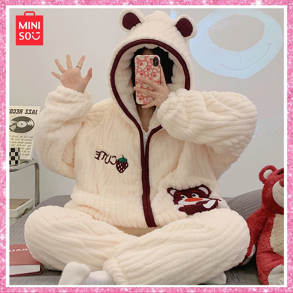 2023 Miniso Lotso New Fall Coral Velvet Cartoon Cute Sweet Pajamas with Thick Home Wear Two-Piece Rose Red Christmas Girl Gift