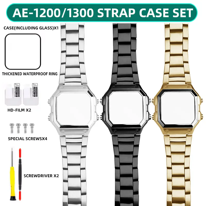 AE1200 Edelstahl-Uhrengehäuse für Casio 3299 AE-1200WH Uhrengehäuse, modifiziertes Metallgehäuse mit wasserdichtem Ring, Schwarz und Silber