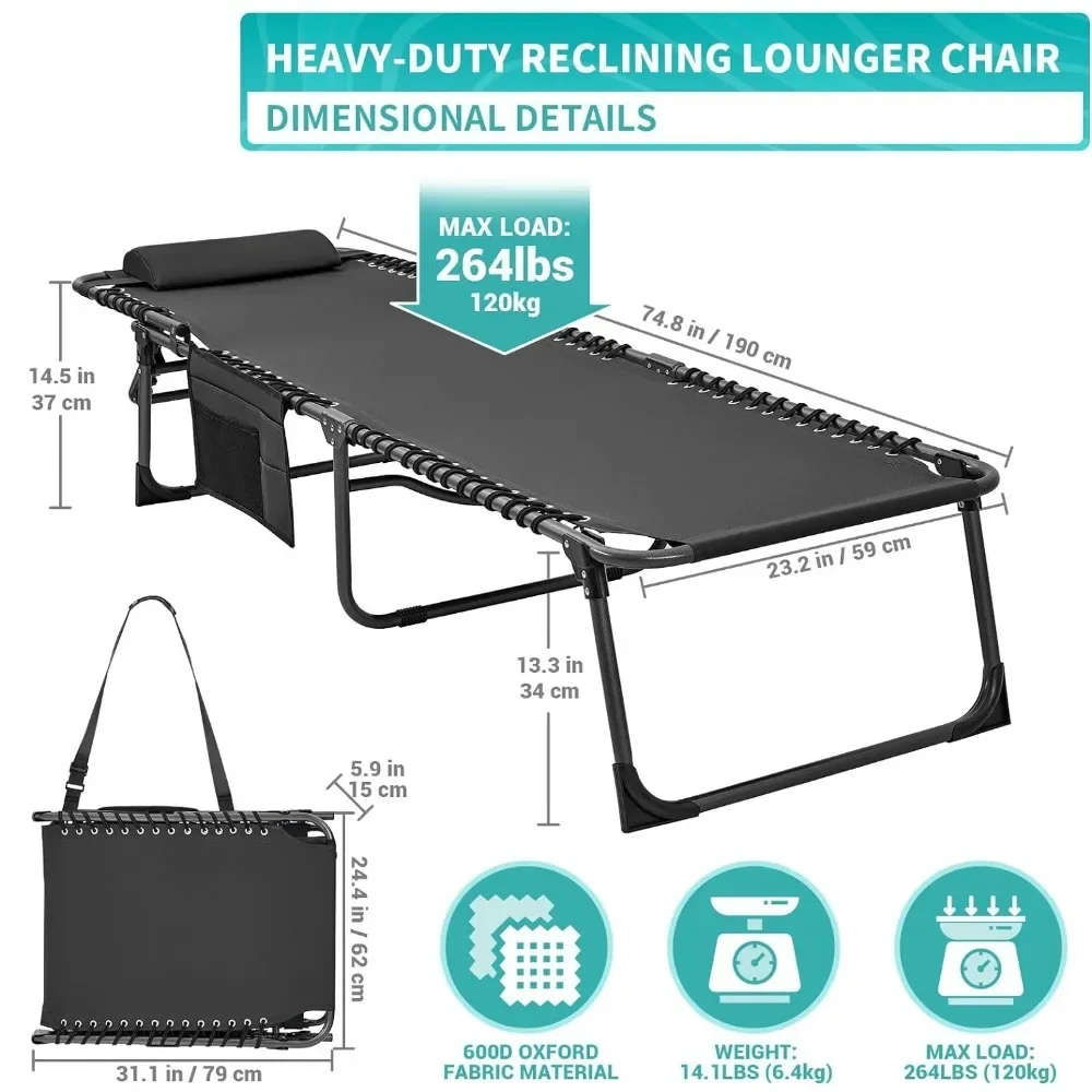 Стул для кемпинга, пляжные стулья для загара, патио, черная сверхмощная кровать для кемпинга с плечевым ремнем и подушкой, отдых у бассейна на открытом воздухе