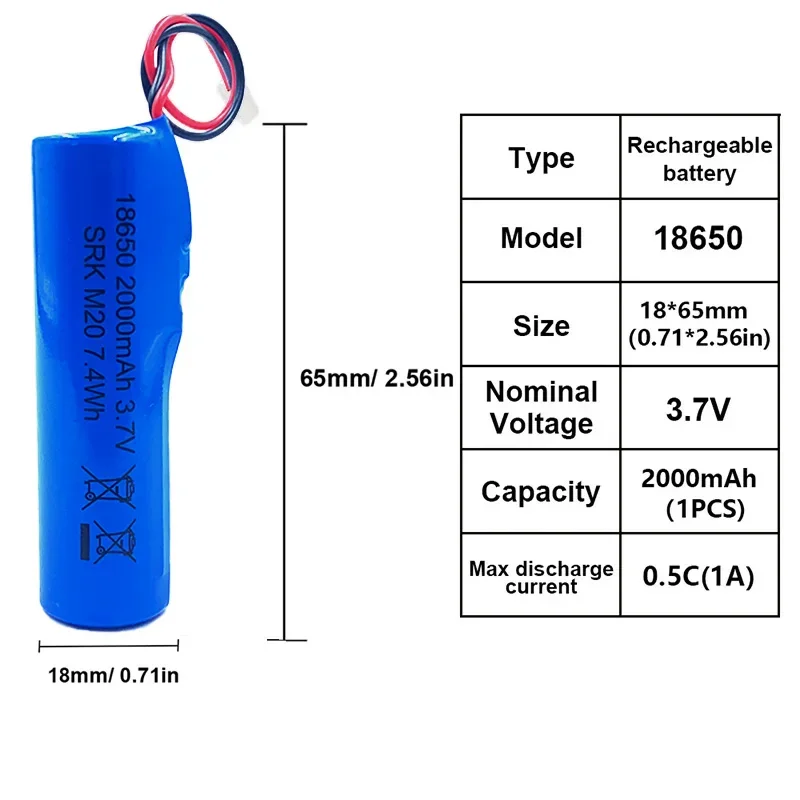 18650 Battery 100% New Lithium Ion Rechargeable Battery 3.7V 2000mAh 18650Emergency Lighting Replacement With Plug PH2.0Cable