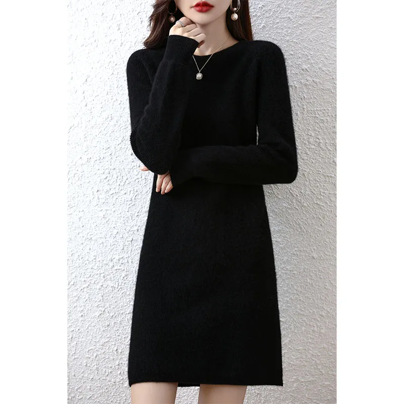 2022 Autumn Winter New Women Fashion Dress 100% Wool Warm Sweater Dress Long Sleeve Knitted Pullover Female Casual Dresses