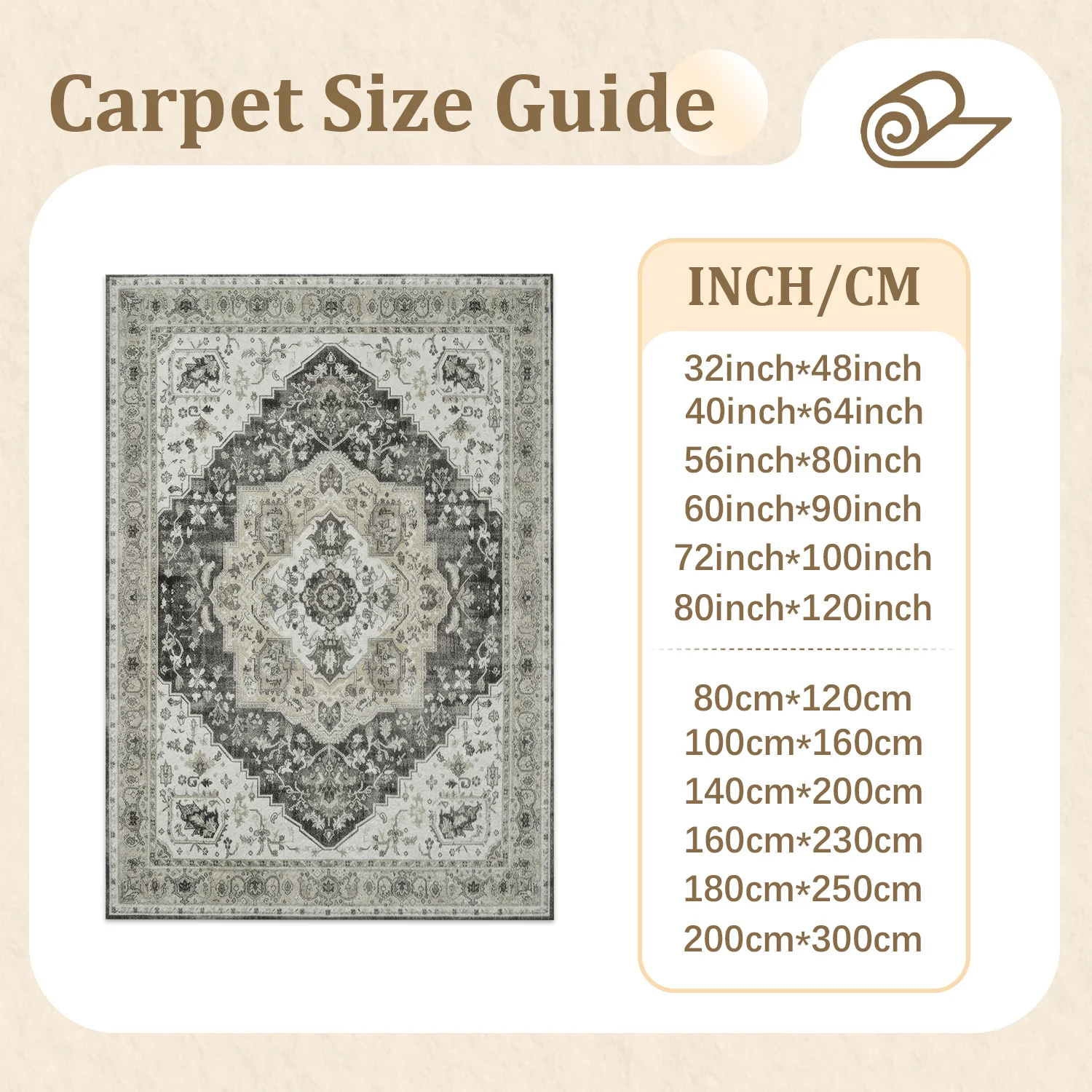 Large Indoor Area Rug, Soft Velvet Low Pile Rug with Non-slip Dotted Backing, Machine Washable Vintage Oriental Medallion Floor Carpet for Living Room, Bedroom, Neutral Distressed Gray Cream Home Decor Rug