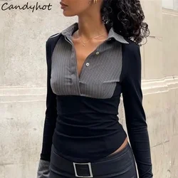 Candyhot Stripe Print Patchwork Long Sleeve Shirts Fashion Polo-neck Button Crop Tops Autumn Elegant Official Ladies Tank Top