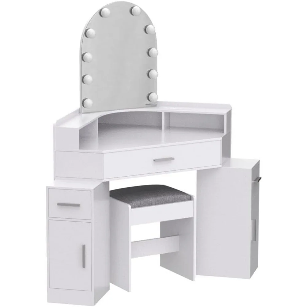 

Corner Vanity Desk with Mirror and Lights, Charging Station, 3 Drawers & Retractable Side Cabinets, Cushioned Stool, Vanity Desk