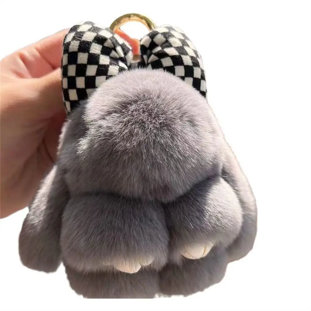 Hair Bow Rabbit Fur Keychain Cute Fluffy Plush Dolls Bunny Keychain Bag Charm Alloy Ring Plush Rabbit Key Ring Couple Pendant