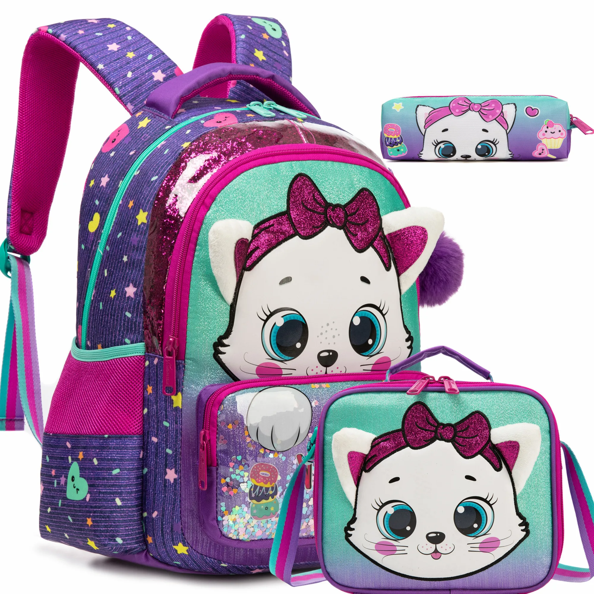 Kids School Bag for Girls Cute Backpack Set with Insulated Lunch Bag Bookbag for Elementary Student Back To School Perfect Gift