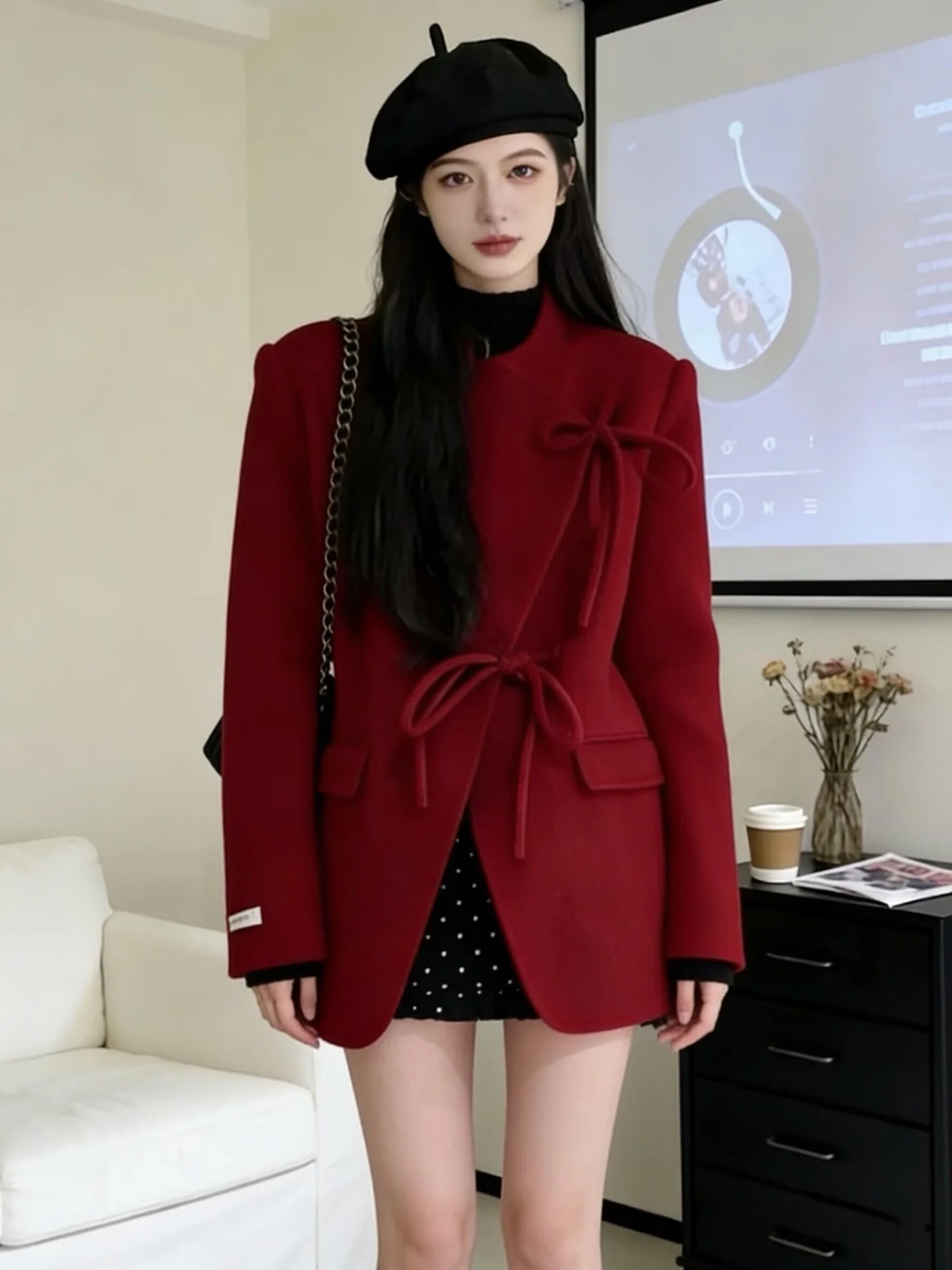 

Красный комплект с кардиганом в горошек Ele Red: модная верхняя одежда с длинными рукавами и высокой талией для зимы