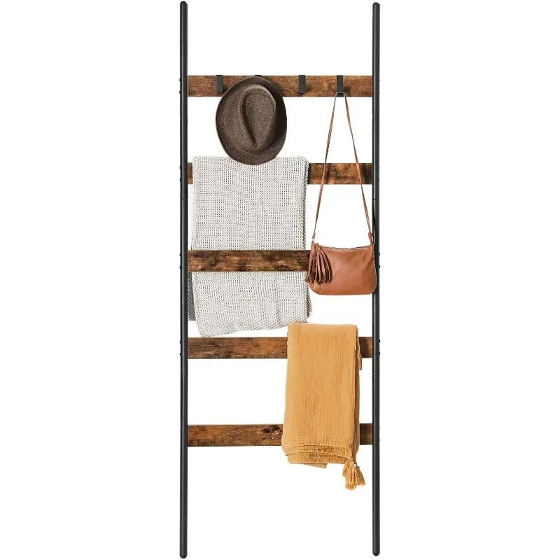 Blanket Ladder, 5-Tier Ladder Shelf, Wall-Leaning Rack, Steel, 25.6 Inch Wide, Scarves, Industrial Style, Rustic Brown and