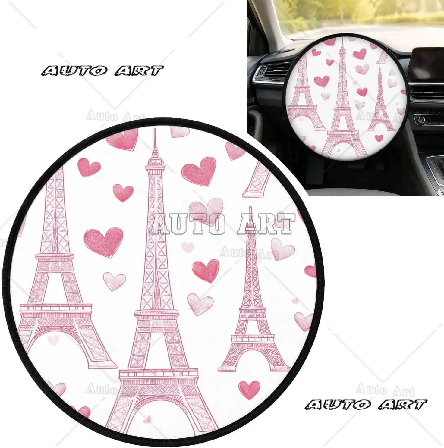 Eiffel Tower Love Heart Car Steering Wheel Sun Shade Cover