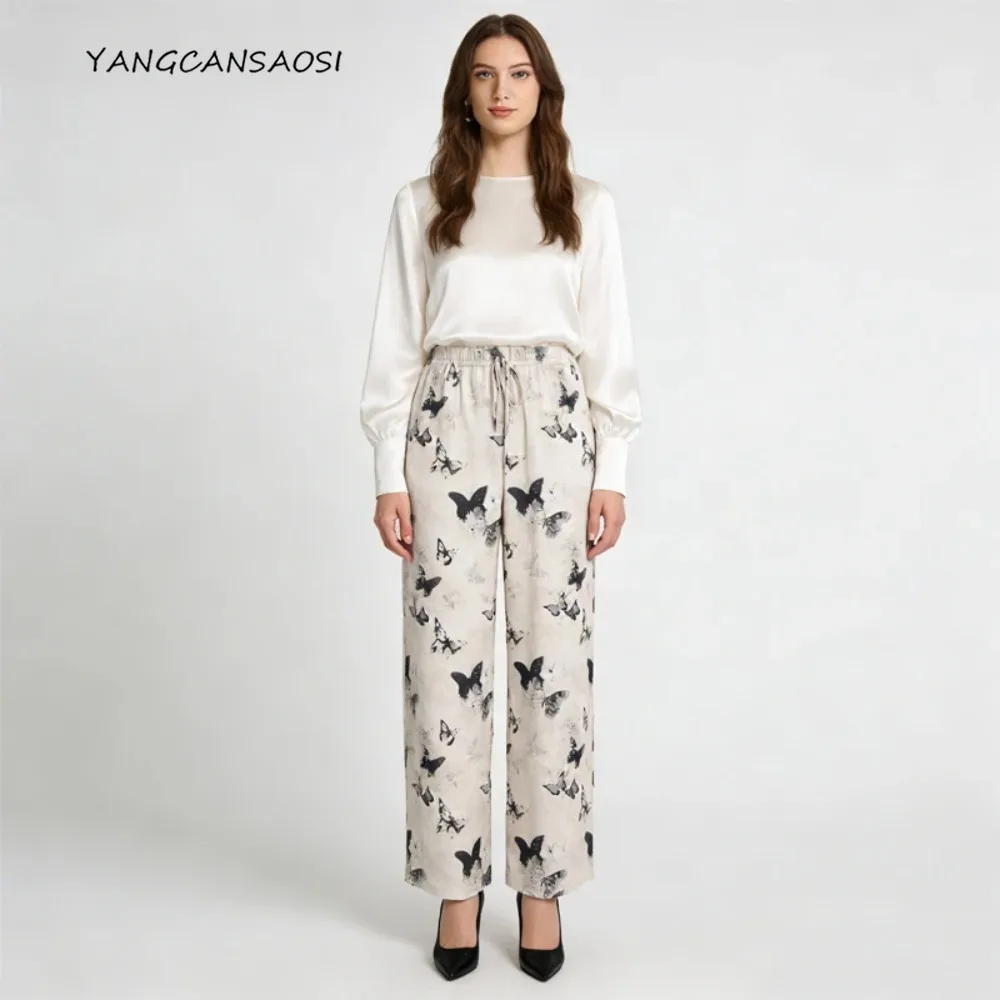 

2026 92% Natural Mulberry Silk Elastic Double Satin Trousers, Women's Fashionable Butterfly Print Drawstring Straight Leg Pants