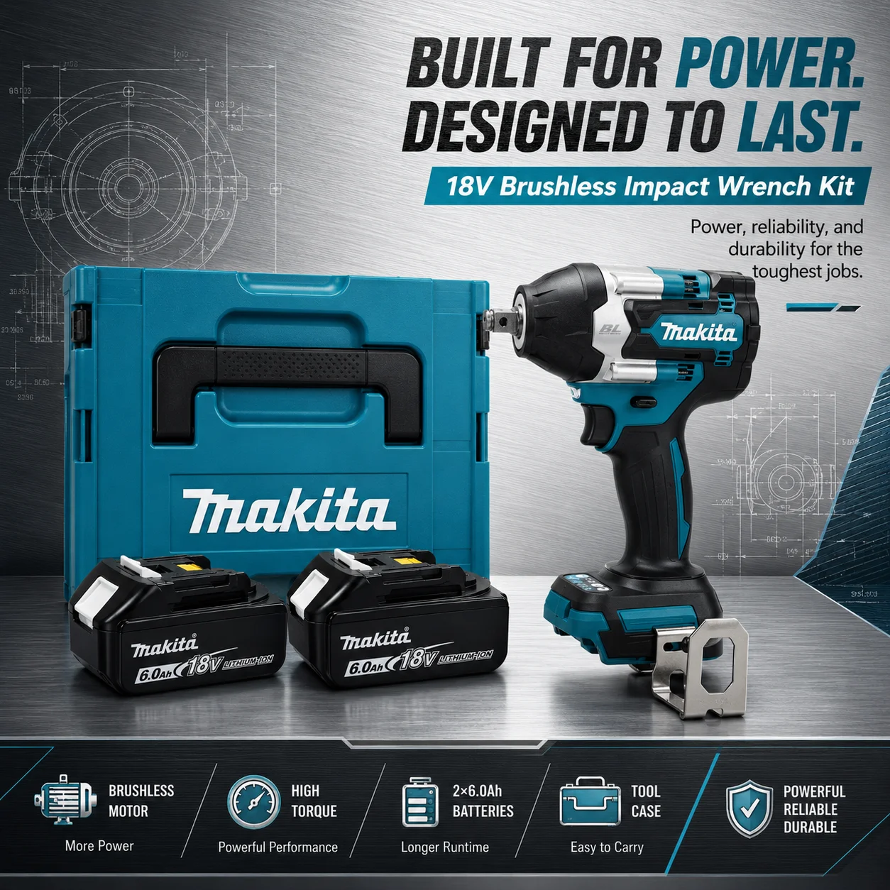 Kabelloser bürstenloser Schlagschrauber, Makita DTW700, 18V, 1000Nm starkes Drehmoment, variable Geschwindigkeit, Auto-Stopp-Mechanismus, mit Lithium-Akku