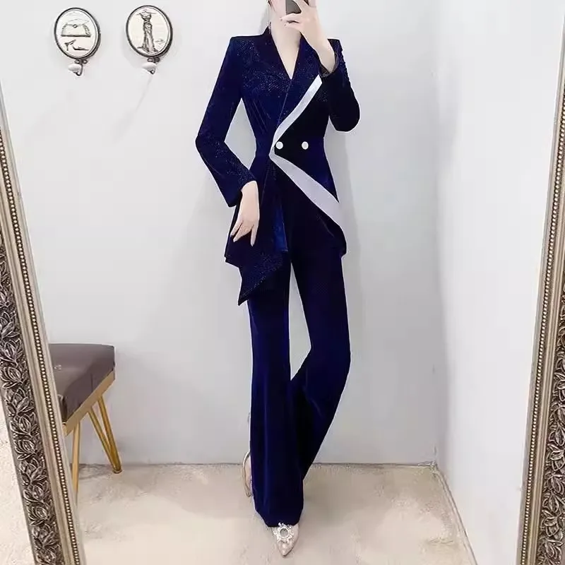 Blue Golden Velvet Suit Set Women 2023 New Spring Autumn Season High End Temperament Casual Small Blazer Foreigner Pants Career