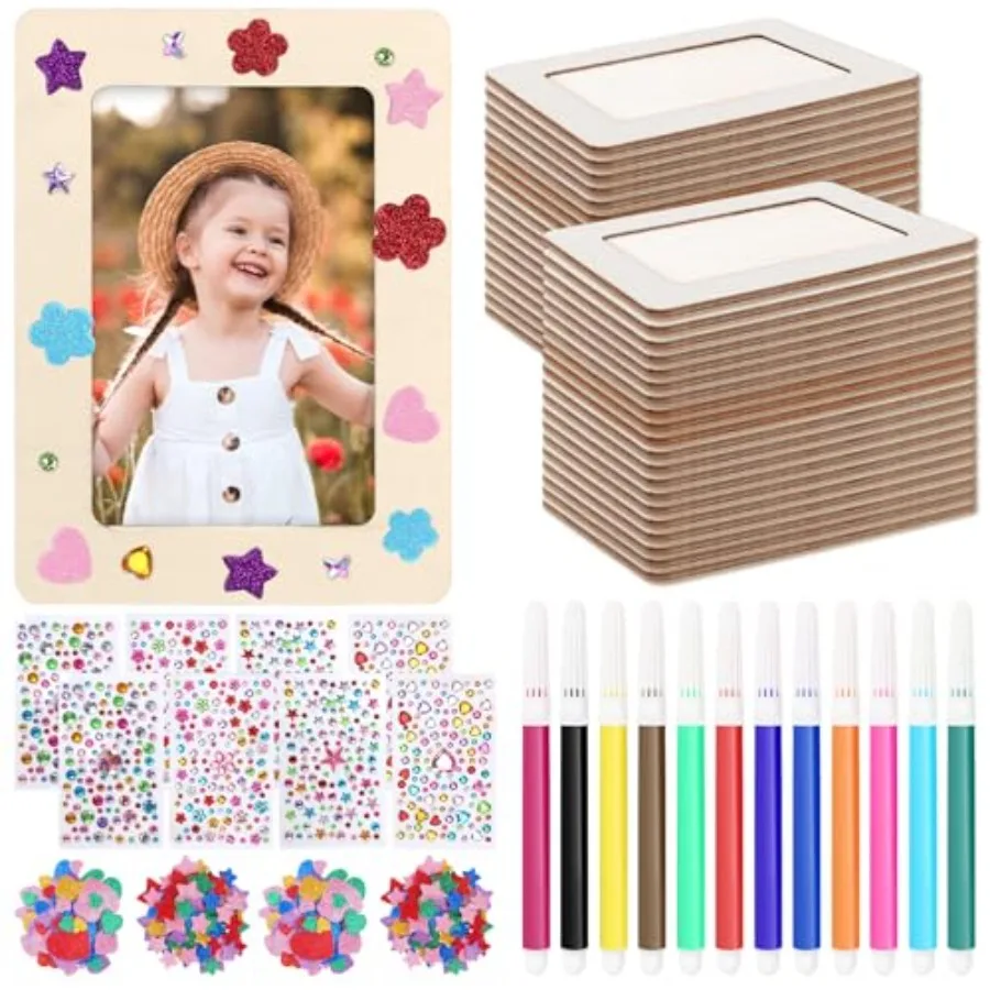

Pack Picture Frame Painting Craft Kit Wooden Picture Frames for 4 x 6 Photo with 8 Sheets Crystal Diamond Stickers 4 Bags Eva S
