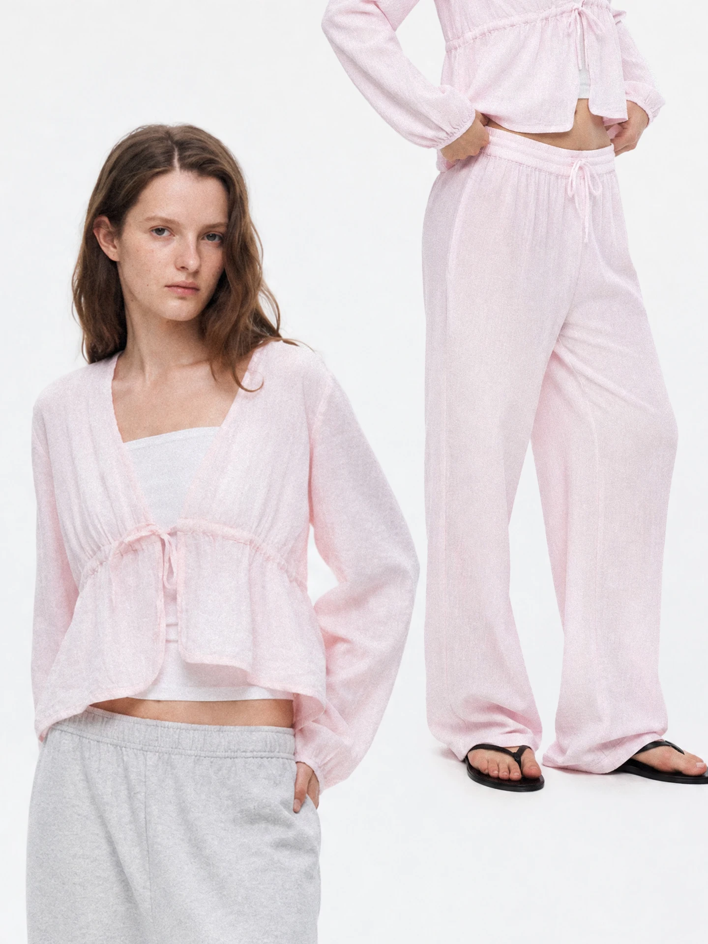 TDDP Cotton Texture Casual Set Women's Long Sleeve V-Neck Open Cardigan Flared Pants Two-Piece Autumn Collection