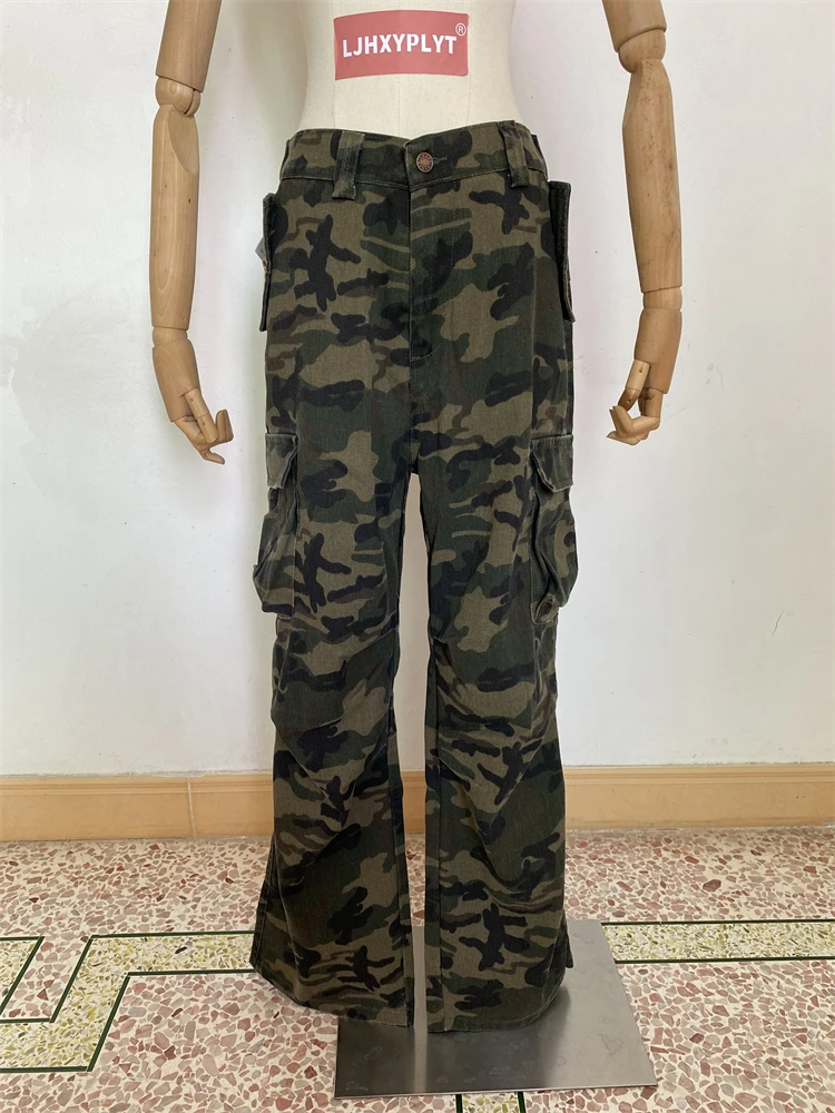 

Women's Street Style Multi Pocket Loose Camouflage Trousers Unisex Hip-hop Straight Bottoms Female High Waisted Wide-leg Pants