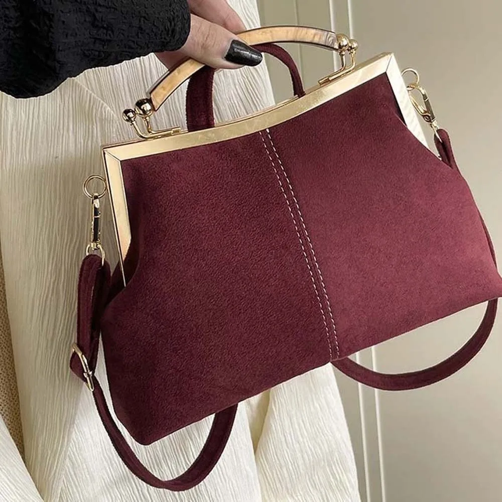 

Elegant Kiss Lock Shoulder Bag Large Capacity High Quality Frosted Velvet Crossbody Bag Detachable Messenger Pouch