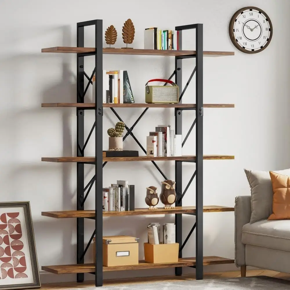 

Vintage 70.9 Tall 5-Tier Bookshelf, Industrial Rustic Brown Storage Unit for Home & Office