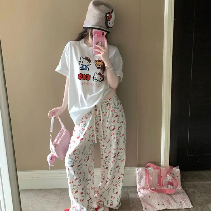

Комплект из 2 предметов: пижама Hello Kitty с коротким рукавом и штанами, мультяшный женский хлопковый домашний костюм, ночная рубашка в стиле аниме, подарок для девочек