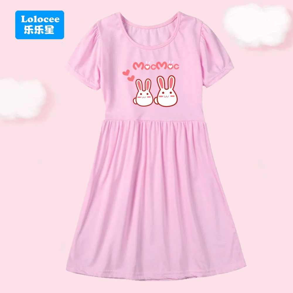 Vestido largo de manga corta de algodón con estampado de conejo bonito de verano para niñas para uso diario al aire libre niños de 3 a 14 años TZ2