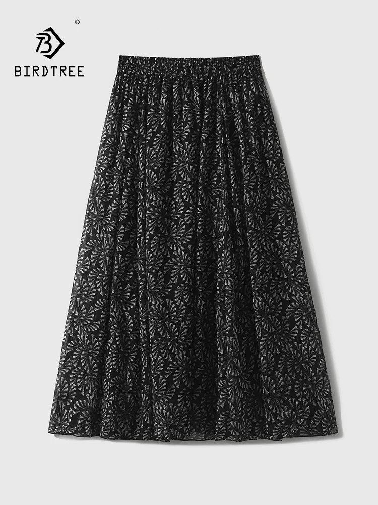 

BirdTree-100%Real Silk Elegant Skirts, Elastic High Waist Print, Women French Retro Cool A-line Skirt, 2026 Summer New B63646CC