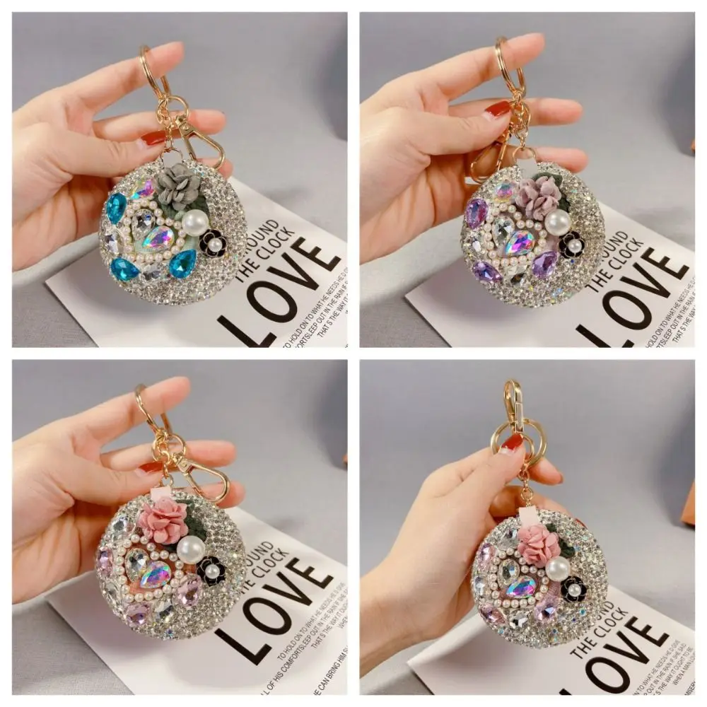 Portable Full Rhinestone Camellia Makeup Mirror Folding Round Car Keychain Floral Sparkling Touch Up Mirror Girl