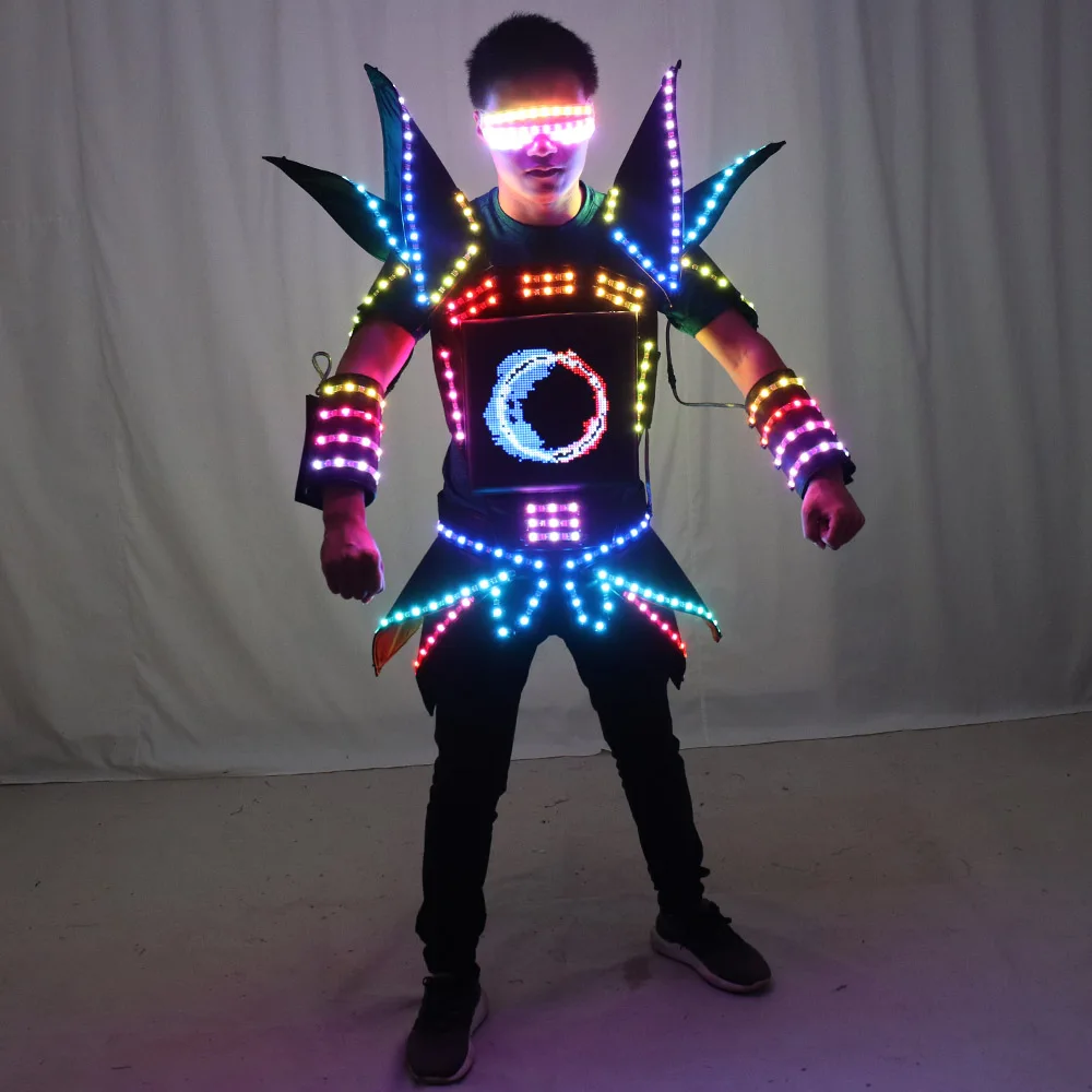 LED Robot Display Costumes Party Performance Wears Armor Suit Colorful Light Mirror Clothe Club Show Outfits Helmets Disco