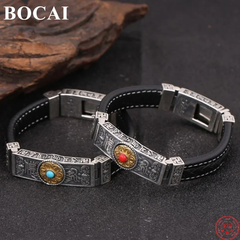 

BOCAI S925 Sterling Silver Bracelets for Men New Fashion Leather Chain Turquoise Six Character Truth Bangle Free Shipping