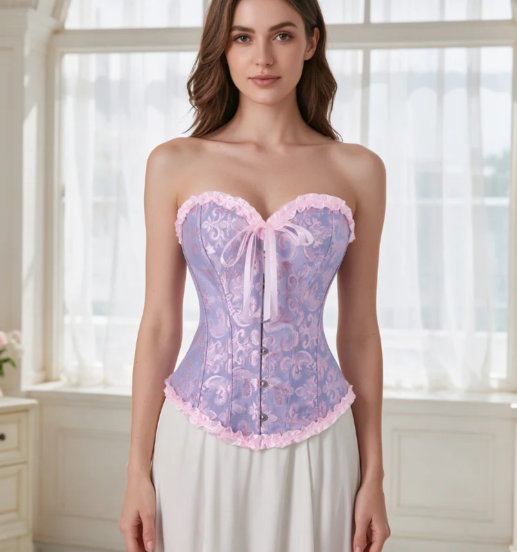 Damen-Overbust-Korsett, Vintage-Jacquard, Rüschen, Schleife vorne, Busk hinten, Schnürung, Taillenformer, Freizeit-, Party- und Alltagskleidung – Detail 29