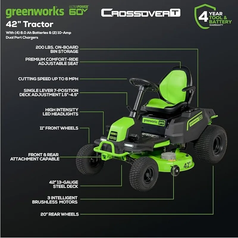 60V 42” Cordless Electric CrossoverT Riding Mower, (4) 8.0Ah Batteries and (2) Dual Port Turbo Chargers