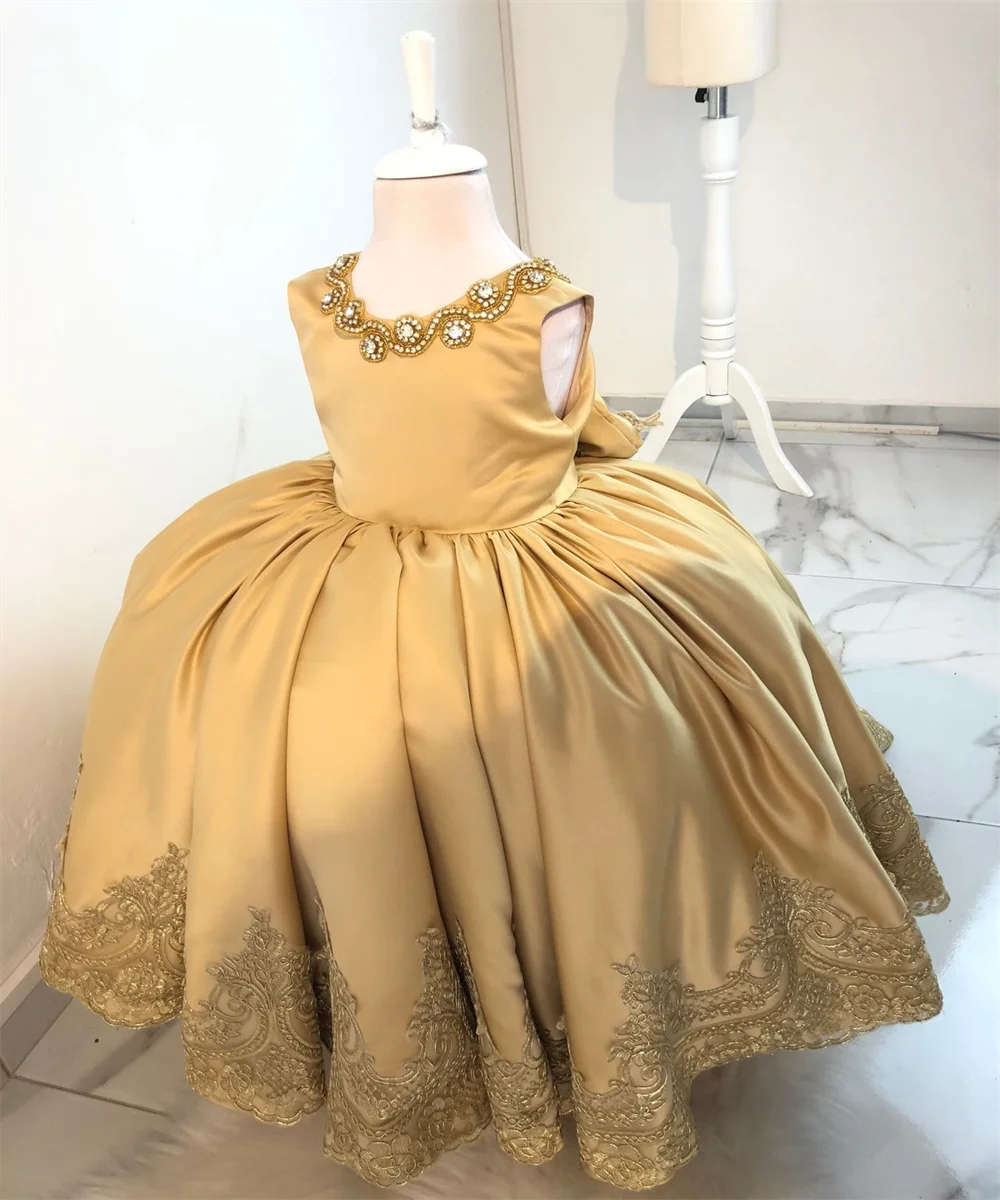 Vestido largo dorado de satén para niña, vestido de noche con flores para boda, primera comunión, apliques con lazo, vestido de fiesta para desfile infantil