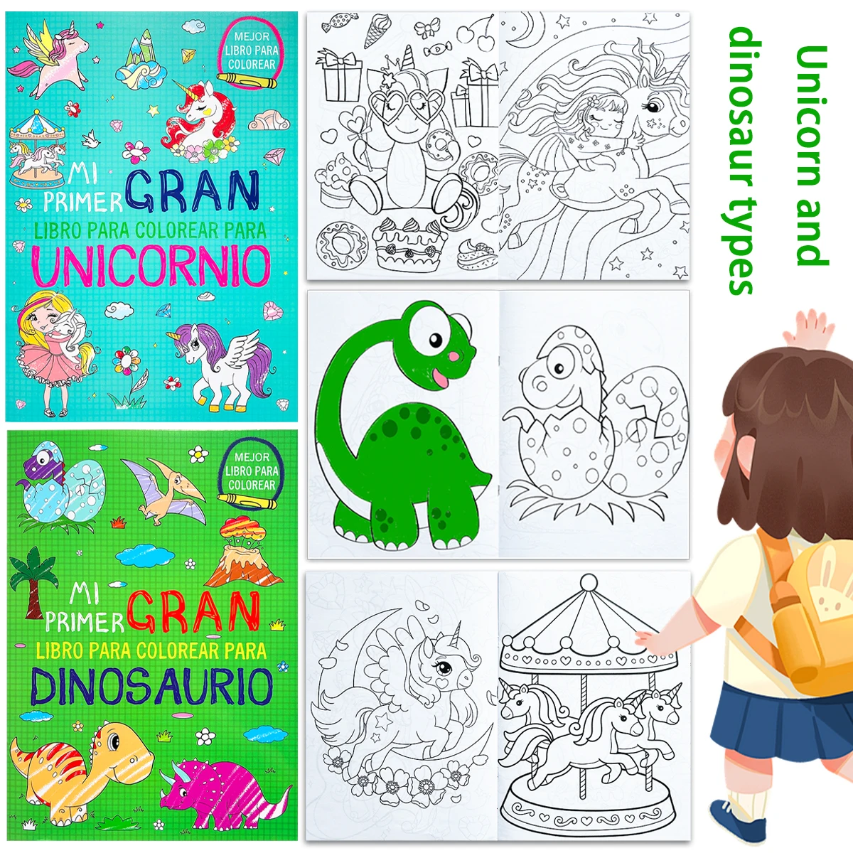 

Детская книжка-раскраска с испанским алфавитом: веселый компаньонт единорога и динозавра возвращается в школу