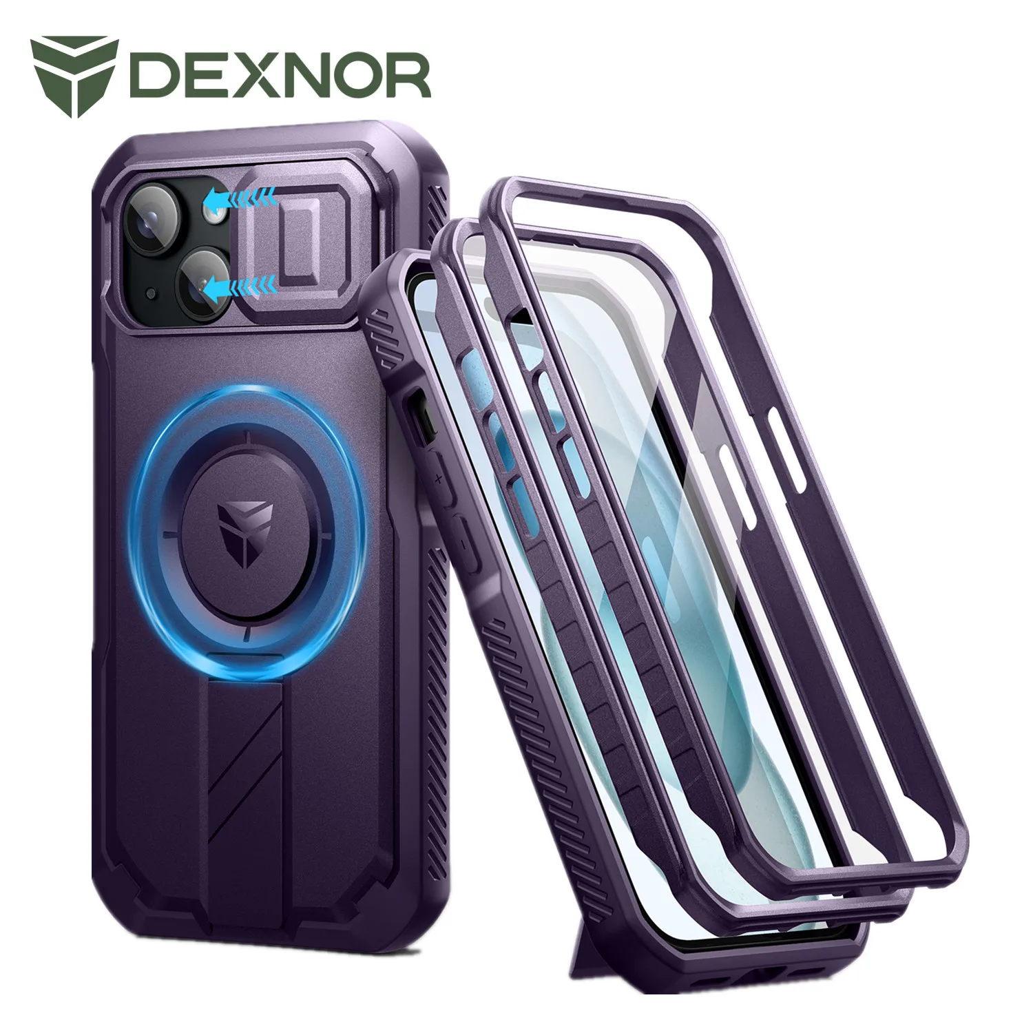

Dexnor for iPhone 15 Case Rugged Armor Shockproof Bumper Case holder with Built-in Sliding Camera CoverBuilt-in Screen Protector