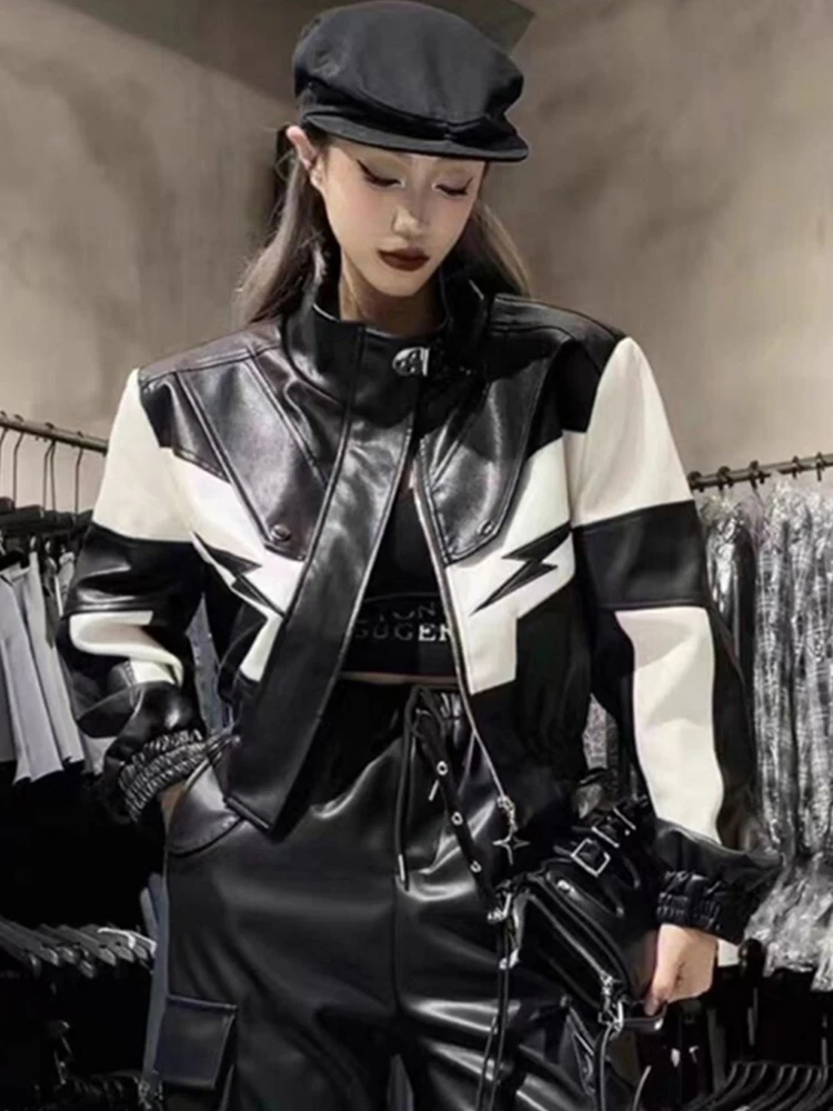 Women Zipper Embroidery Fashion Motorcycle Short Coat Stand Collar Splicing and Contrasting Colors PU Leather Jacket