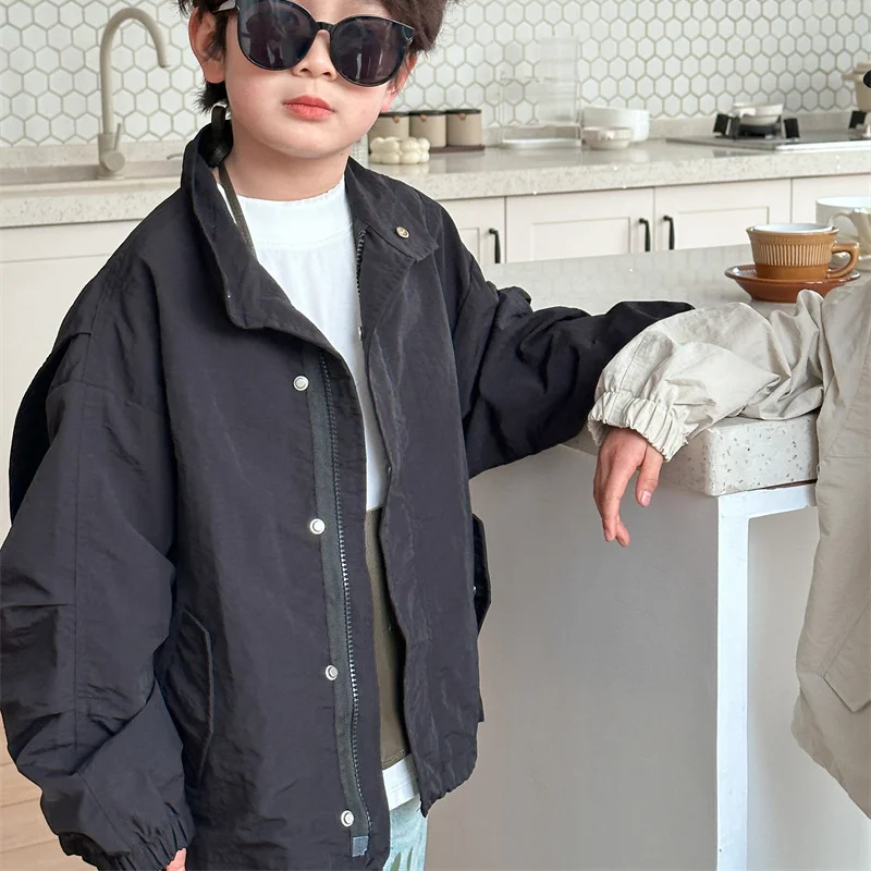 Girls Coats 2024 Autumn New Childrens Clothes Korean Style Storm Jacket Fashion Boys and Girls Stand Collar Loose Casual Simple