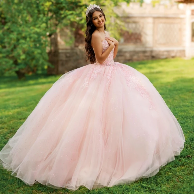 

Розовые блестящие платья Quinceanera с открытыми плечами и аппликацией из кружева и бусин, тюлевой корсет для вечеринки, дня рождения, милое платье 16, Vestidos 15 anos