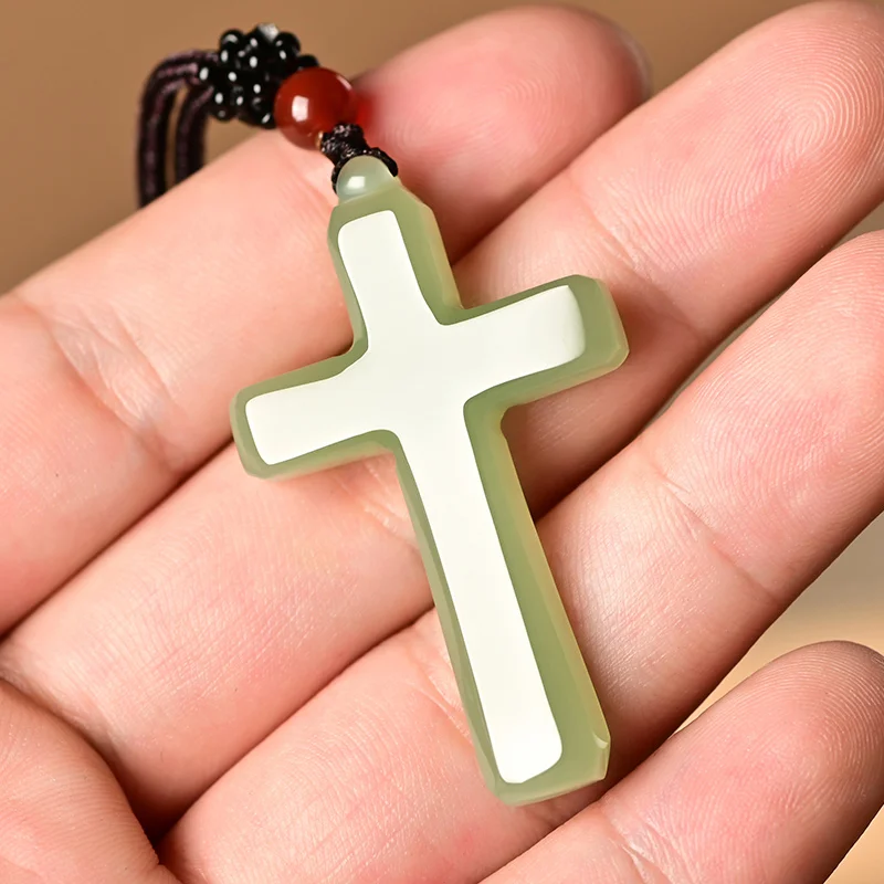 Xinjiang Hotan Jade Cross Pendant Natural Jade White Jade Pendant Cross Necklace Christian Decor Wall Crosses