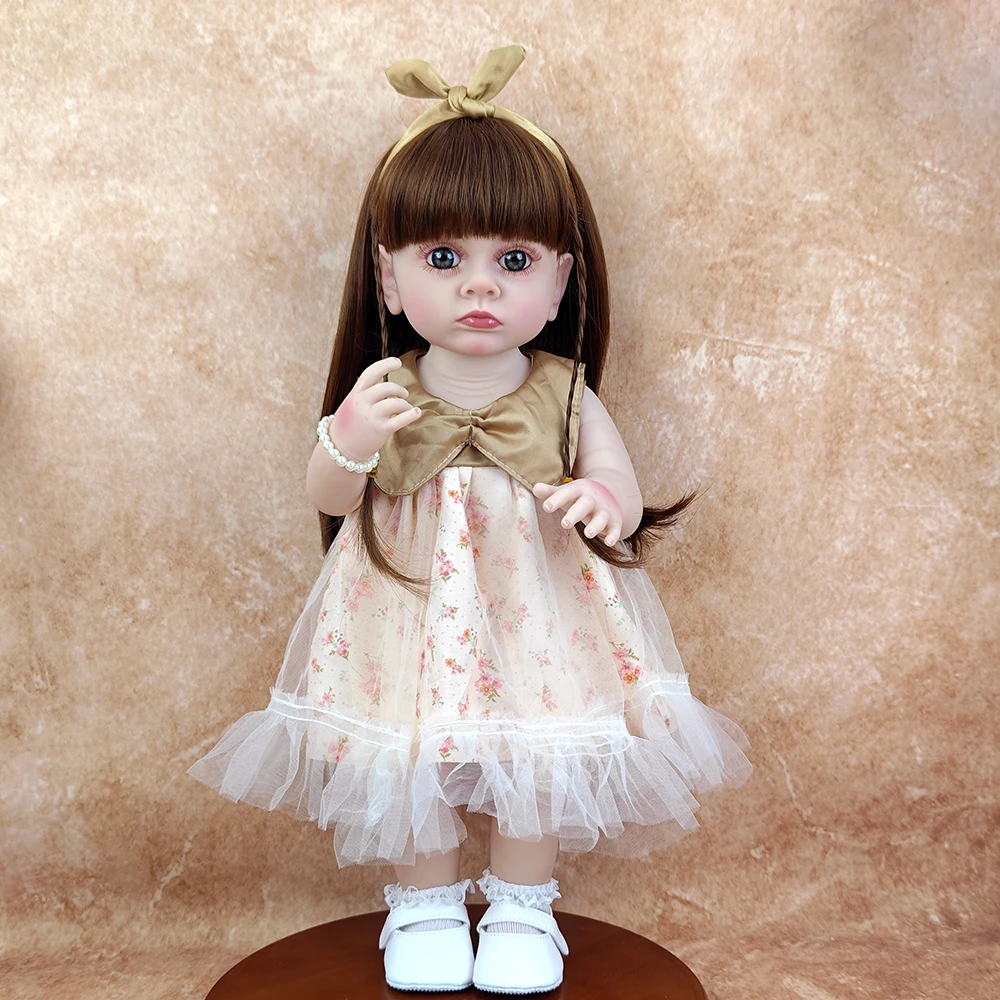 22 インチリアルなリボーン女の赤ちゃん人形 55 センチメートル手作り茶色の髪シミュレーション人形洗えるコンパニオンおもちゃ子供の日のギフト
